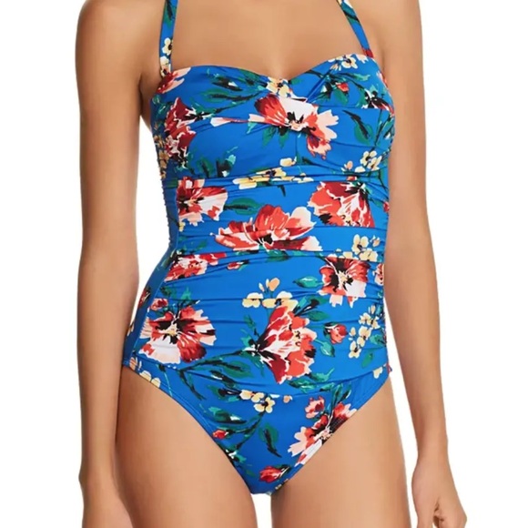Lauren Ralph Lauren Bright Blue Floral Print Bandeau One Piece Bathing Suit - 6 - Picture 1 of 12